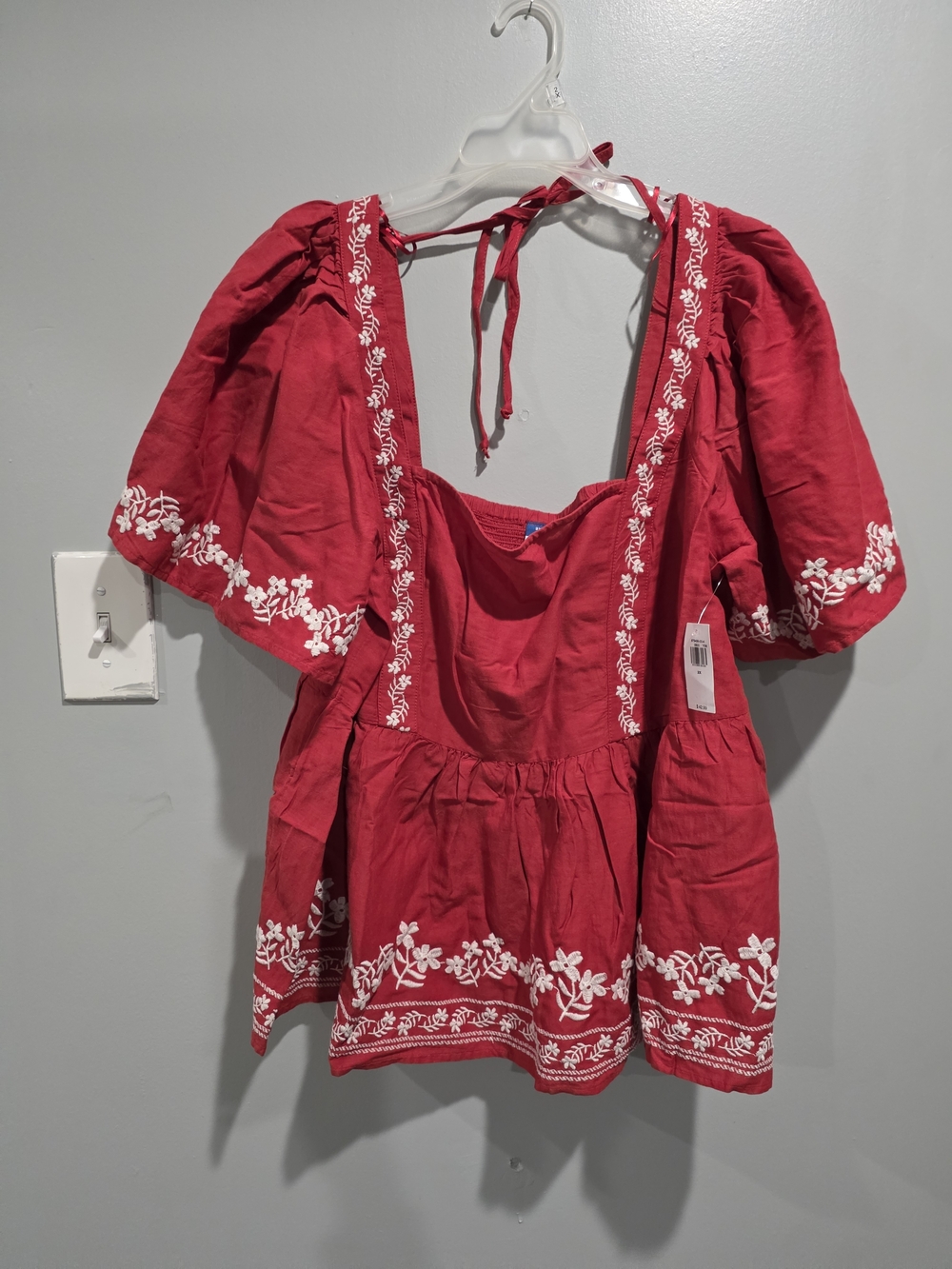 Red Embroidered Peasant Peplum Top - Picture 2 of 3